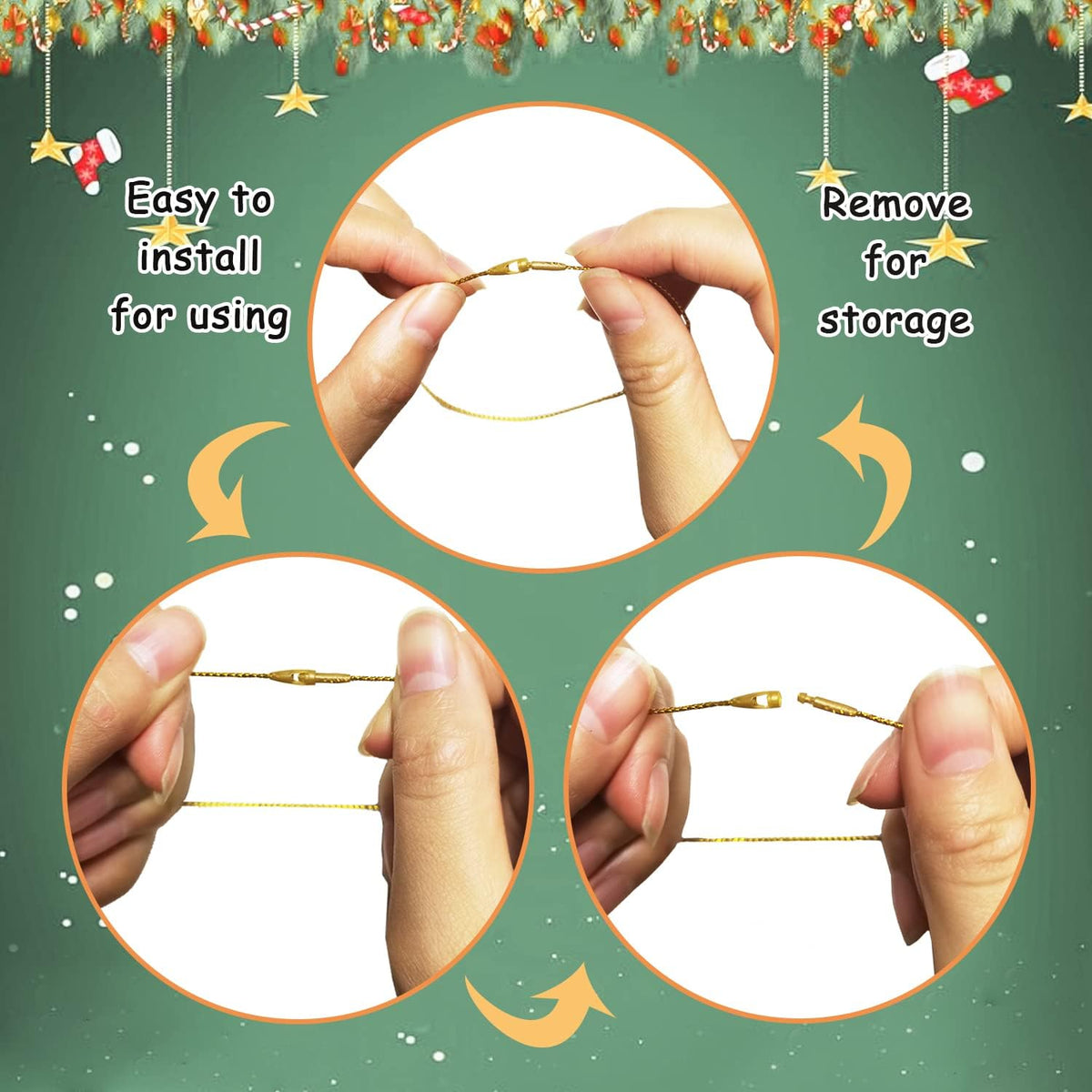 Christmas Tree Ornament String Hanger Precut Ribbon Hook with Snap Fastener