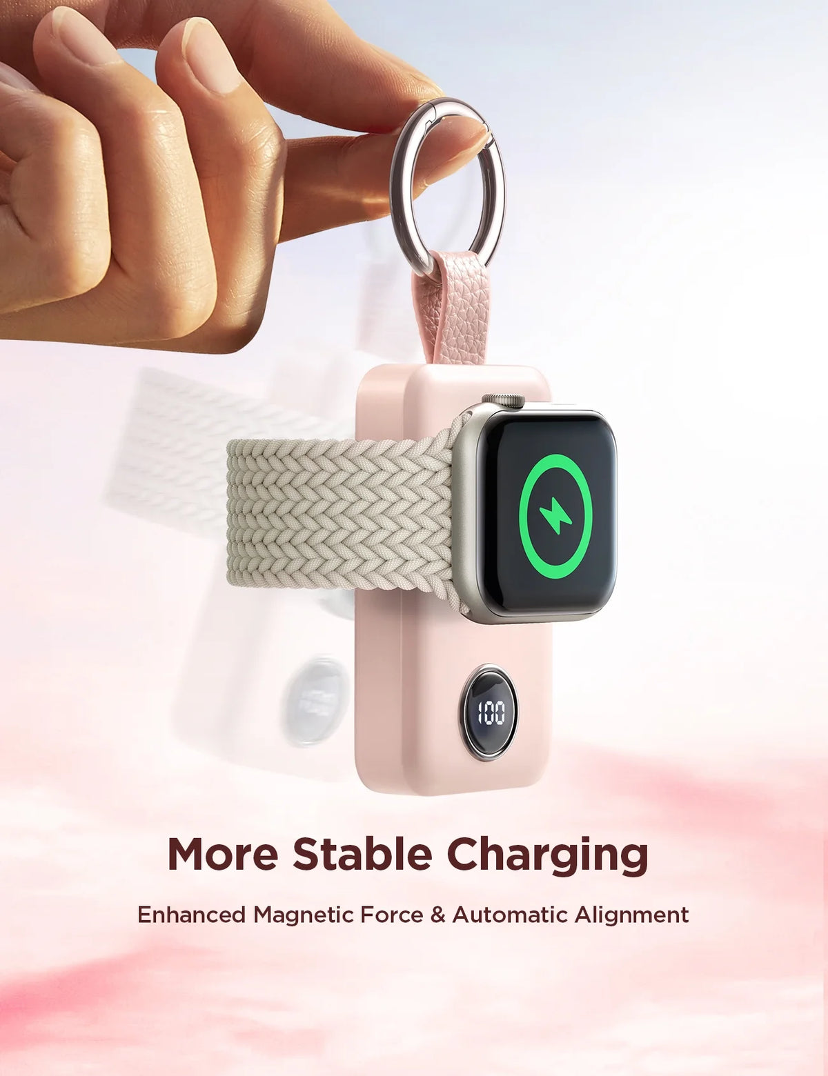 Portable Charger for Apple Watch, 2000Mah Magnetic Wireless Power Bank Fast Charger Keychain, Compatible for Iwatch Series 11/10/9/8/7/6/5/Se/4/3/2/Ultra, Pink